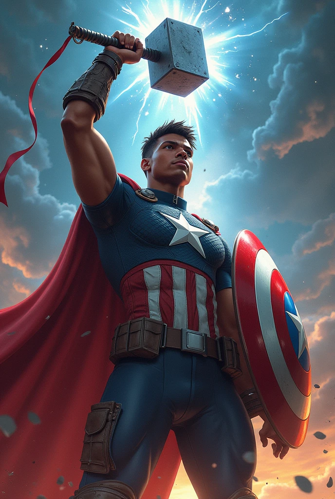 Young black Captain America with Thor's hammer