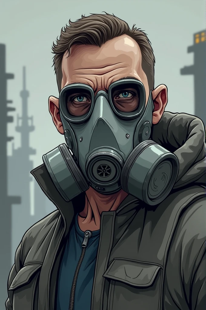 Man with a gas mask in gray cartoon style