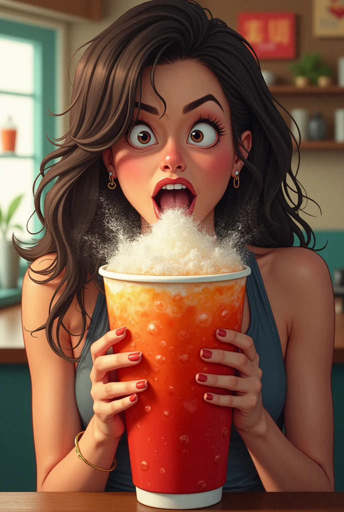 A woman drinking 3L of coke, burping loudly without covering her mouth