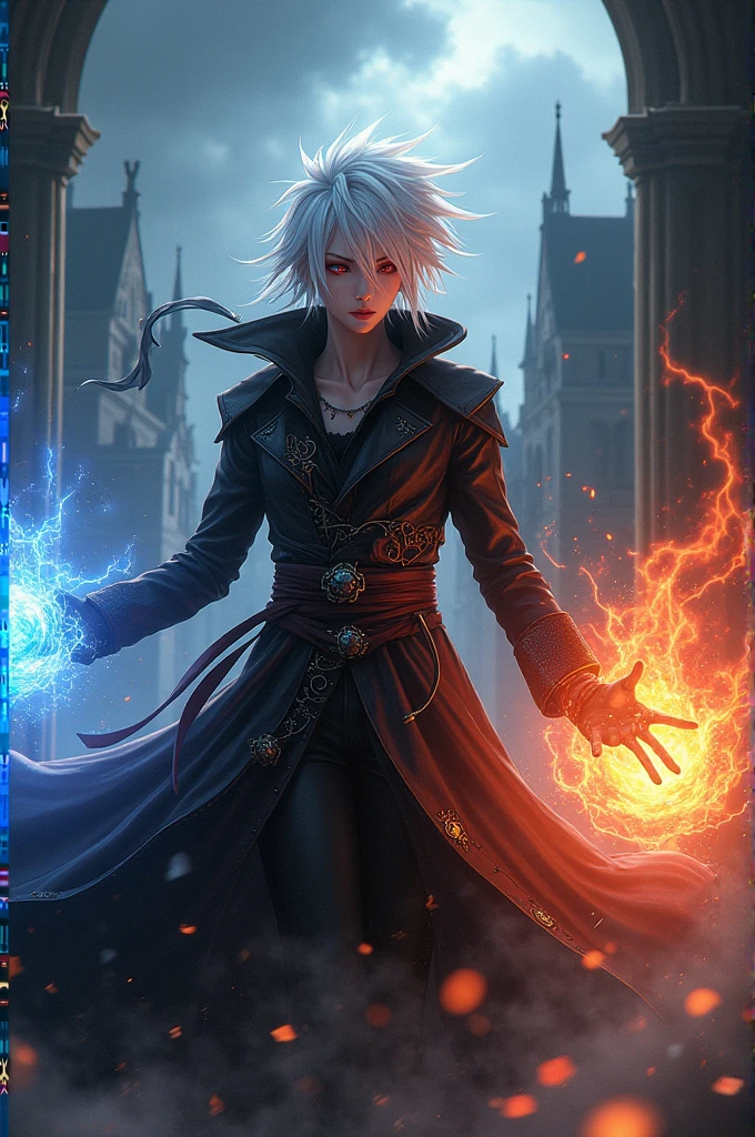 An anime character with white hair ,powers of lightning and fire that was a murderous scoundrel with red eyes in the medieval era and stole people&#39;s power