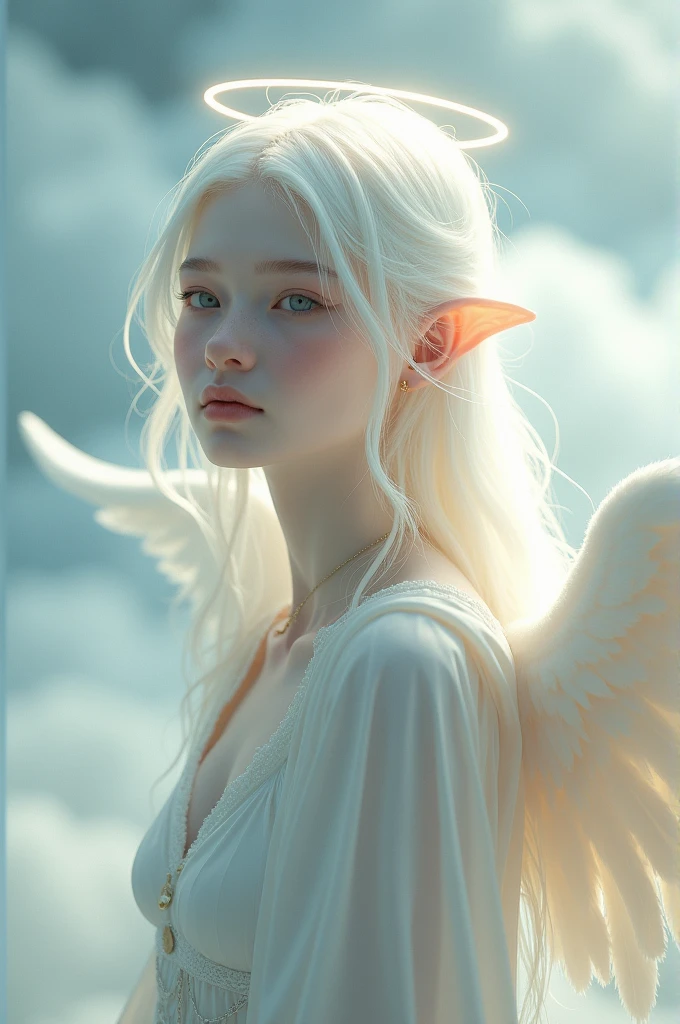 A young albino angel with long hair 
