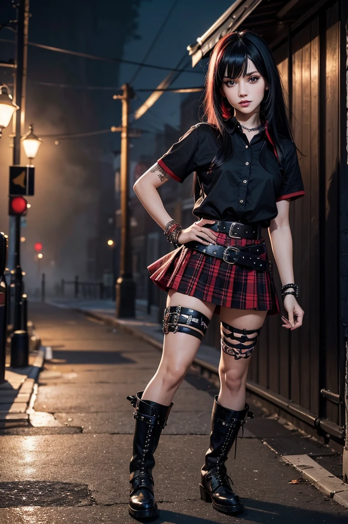 (Best quality,4K,8K,High Definition,masterpiece:1.2),ultra detailed,(realistic,photorealistic,photo-realistic:1.37), small hips,beautiful gothic girl with black hair and side bangs dyed dark red, with a short shirt, with a black and red plaid skirt, with black boots, with a punk bracelet and a punk belt, in full length, on a foggy night streetHigh resolution, full detailed, better image quality, Believe me a beautiful goth girl, who has black hair with Half-sided bangs painted dark red, with a short shirt that shows the man, with a black and red plaid skirt, with black boots, with a punk style bracelet, and the punk style belt, full body, on a foggy night street