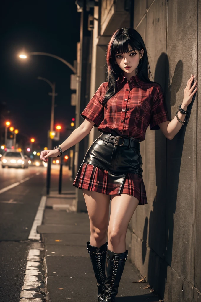 (Best quality,4K,8K,High Definition,masterpiece:1.2),ultra detailed,(realistic,photorealistic,photo-realistic:1.37), small hips,beautiful gothic girl with black hair and side bangs dyed dark red, with a short shirt, with a black and red plaid skirt, with black boots, with a punk bracelet and a punk belt, in full length, on a foggy night streetHigh resolution, full detailed, better image quality, Believe me a beautiful goth girl, who has black hair with Half-sided bangs painted dark red, with a short shirt that shows the man, with a black and red plaid skirt, with black boots, with a punk style bracelet, and the punk style belt, full body, on a foggy night street