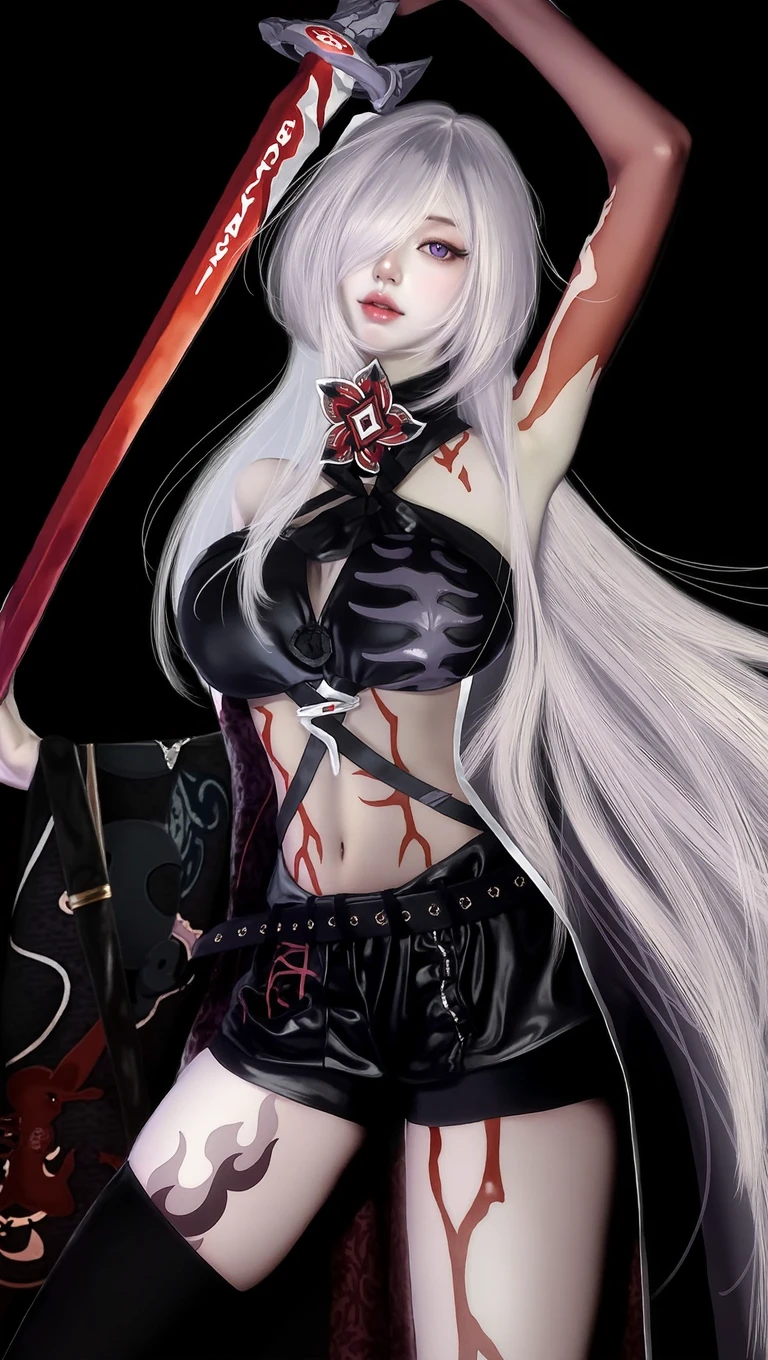 White hair and blue eyes, tight black silk wet lace tights, white transparent tight top stained red with blood, clothes and blood covering the chest, a large number of wounds, the body is penetrated by a sword, the whole body is covered with a large number of deep wounds, a large area of skin is covered with dried blood, a large wound on the abdomen, the eyes are blank, and the tongue is pulled out by iron chains,