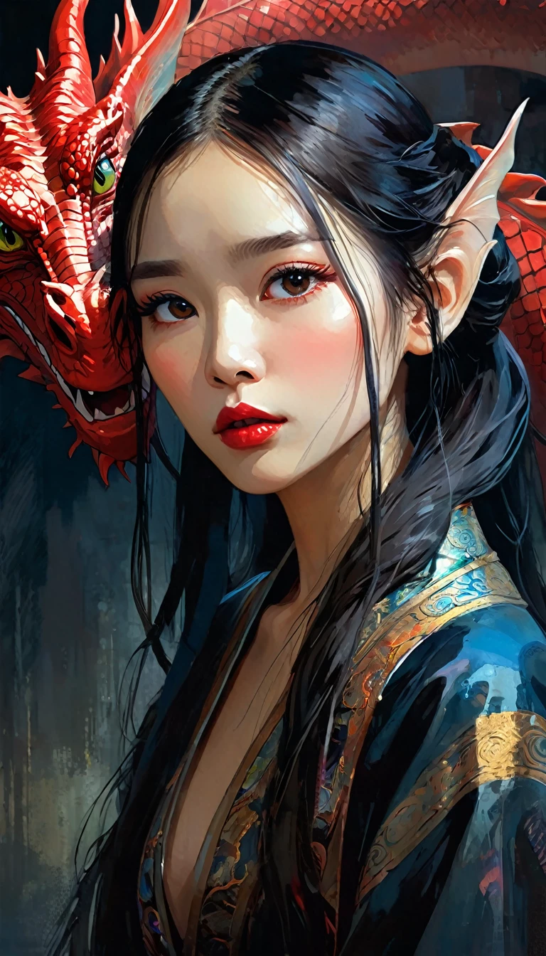 chinese fairy, red iris dragon, girl and dragon, simple oil painting, Bill Sienkiewicz style, beautiful detailed eyes, beautiful detailed lips, extremely detailed eyes and face, oil painting, chiaroscuro, sensual, dramatic lighting, moody atmosphere, photorealistic, intricate details, masterpiece, ultra-detailed, high quality, 8k, best quality, realistic, cinematic, dark and brooding, expressionistic, powerful composition, emotional impact, art inspired by Bill Sienkiewicz