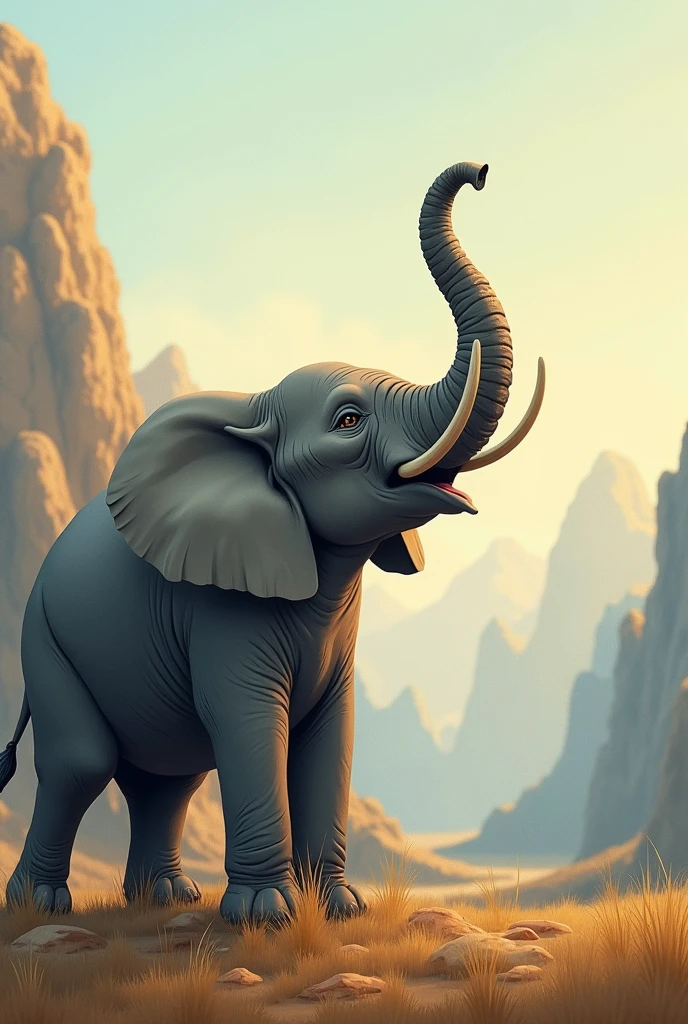 create an illustration of a young elephant with its trunk raised and sounding an echo. the image is close and focused on the young elephant&#39;s head. he is in the valley of echo where there are mountains that return the echo of his sound