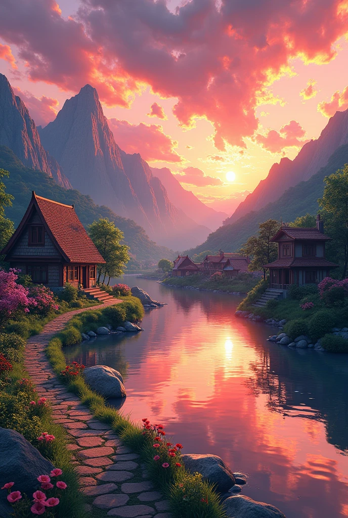 a small village by the river, mountains in the background, floral flowers colorful, detailed landscape, Beautiful natural landscapes, atmospheric lighting, scorching sunset, warm colours, practical, photopractical, Detailed Foliage, complex buildings, cobblestone street, Charming country house, swirly vibrant colors, lush vegetation, Still water reflections, Picturesque, idyllic, work of art, best qualityer, 8k, extremely detaild,anime styling