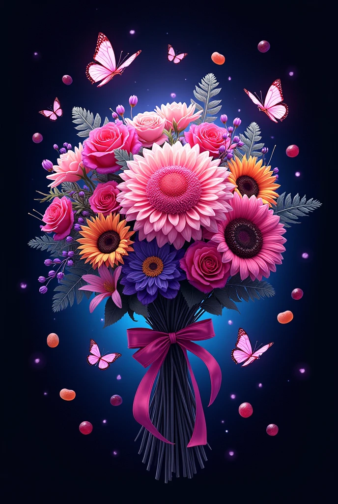 Make an illustration of a company called "ETERNO BOUQUET" That is of eternal flowers (roses and sunflowers) make-up, butterflies and jelly beans. Let the background be black and the challenge purple and blue