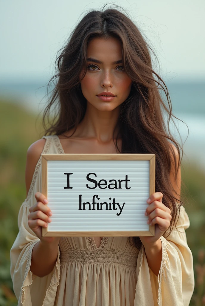 Beautiful girl with wavy long hair, bohemian dress, holding a white board with text "I Love Seaart Infinity" and showing it to the viewer
