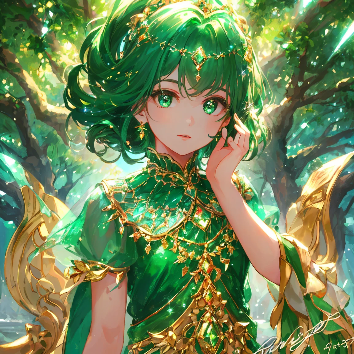 1 girl masterpiece, highest quality, shape, emerald eyes and hair, emerald earrings, emerald necklace, large tree, tree fairy, cute, (dynamic lighting:1.2), cinematic lighting, delicate features, fine eyes, sharp pupils, realistic student, written boundary depth, Bokeh, sharp focus, (very detailed, bloom, shine:1.4), lots of little gems