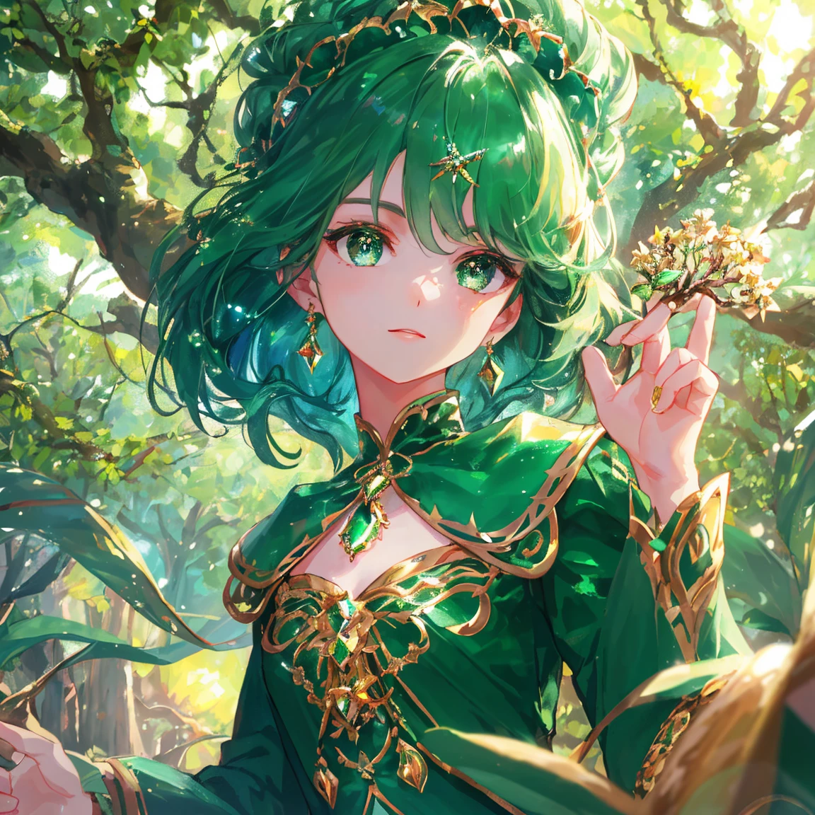 1 girl masterpiece, highest quality, shape, emerald eyes and hair, emerald earrings, emerald necklace, large tree, tree fairy, cute, (dynamic lighting:1.2), cinematic lighting, delicate features, fine eyes, sharp pupils, realistic student, written boundary depth, Bokeh, sharp focus, (very detailed, bloom, shine:1.4), lots of little gems