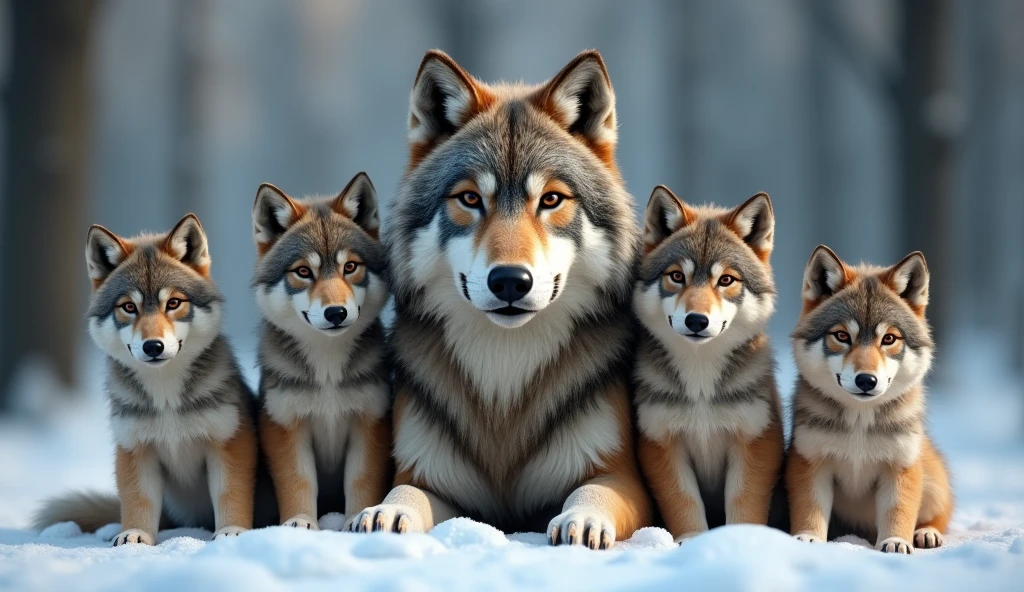 Create a hyper-realistic, photorealistic image of a beautiful wolf family. The family consists of a majestic big father wolf, a magestic big graceful mother wolf, and five wolf pups of varying ages. They are all calmly looking at the viewer, exuding a sense of tranquility and strength. Each wolf has a unique color and fur pattern, showcasing a variety of hues and textures. The background features a softly blurred snowy forest, adding depth and atmosphere. The wolves' fur is strikingly beautiful, capturing their natural elegance and power
