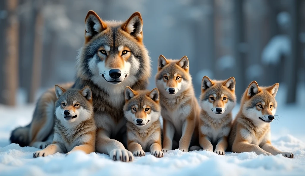 Create a hyper-realistic, photorealistic image of a beautiful wolf family. The family consists of a majestic big father wolf, a magestic big graceful mother wolf, and five wolf pups of varying ages. They are all calmly looking at the viewer, exuding a sense of tranquility and strength. Each wolf has a unique color and fur pattern, showcasing a variety of hues and textures. The background features a softly blurred snowy forest, adding depth and atmosphere. The wolves' fur is strikingly beautiful, capturing their natural elegance and power