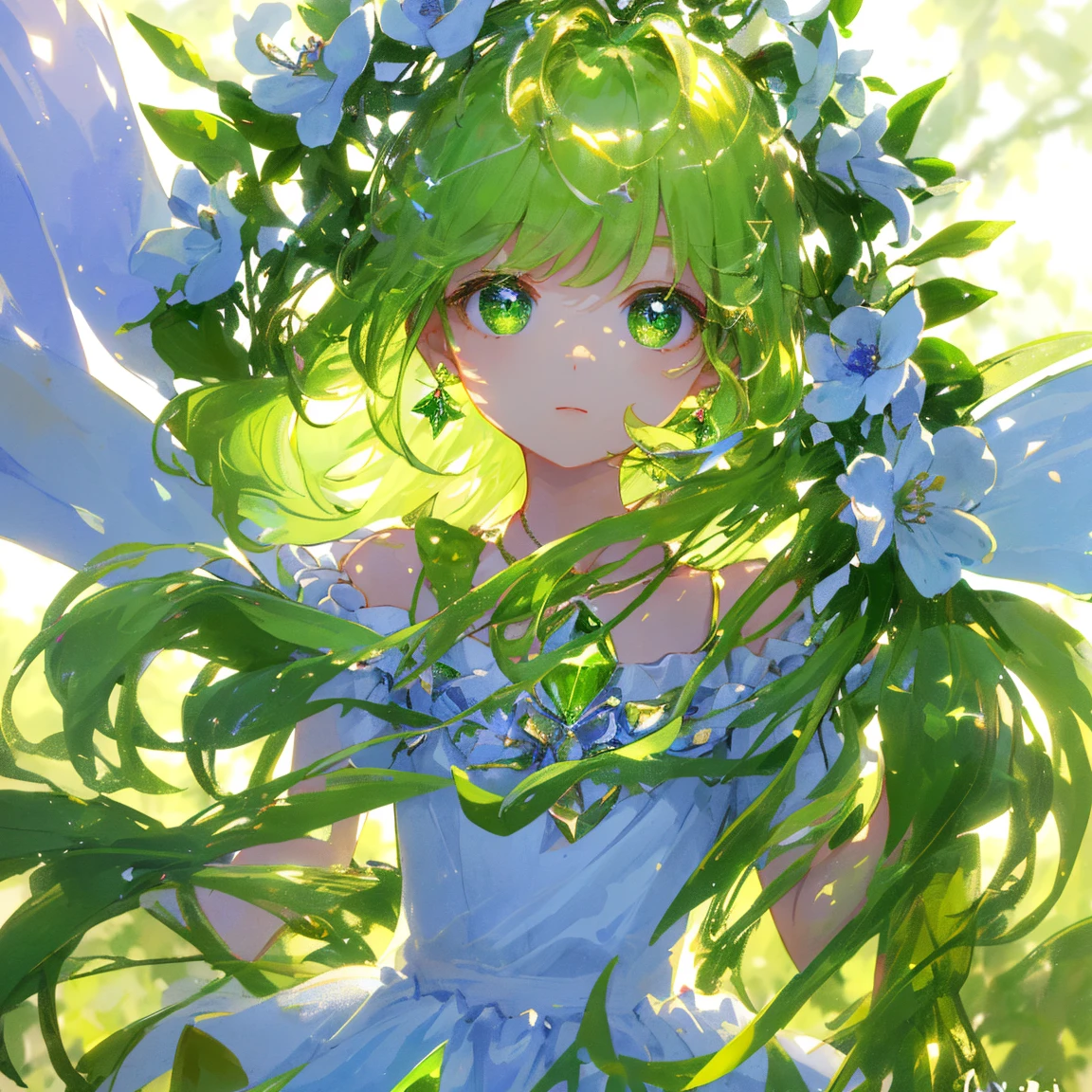 1 girl masterpiece, highest quality, shape, peridot eyes and hair, peridot earrings, peridot necklace, flowers, flower fairy, cute, (dynamic lighting:1.2), cinematic lighting, delicate features, fine eyes, sharp pupils, realistic student, written boundary depth, Bokeh, sharp focus, (very detailed, bloom, shine:1.4), lots of little gems
