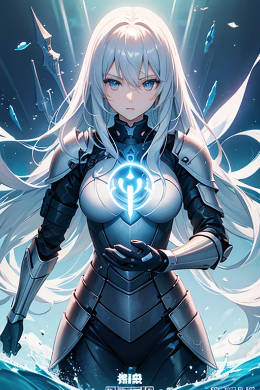 evening、A movie poster depicting a cyber female knight、title is  SEA ART AI , The title is written in large letters in the center.,