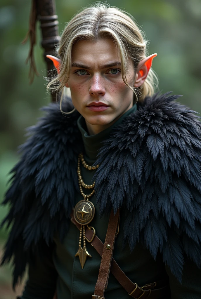 pale male elf, whit brown hair, using cloack of raven fether,