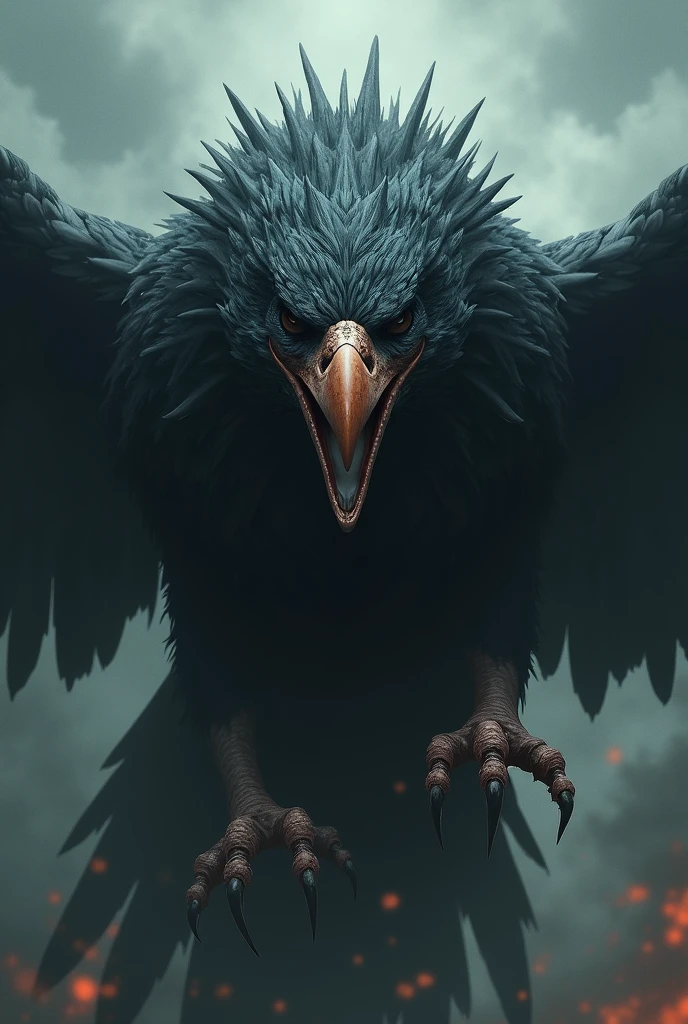 Create an image of a threatening and murderous looking bird that wants revenge against humanity and causes fear in people.