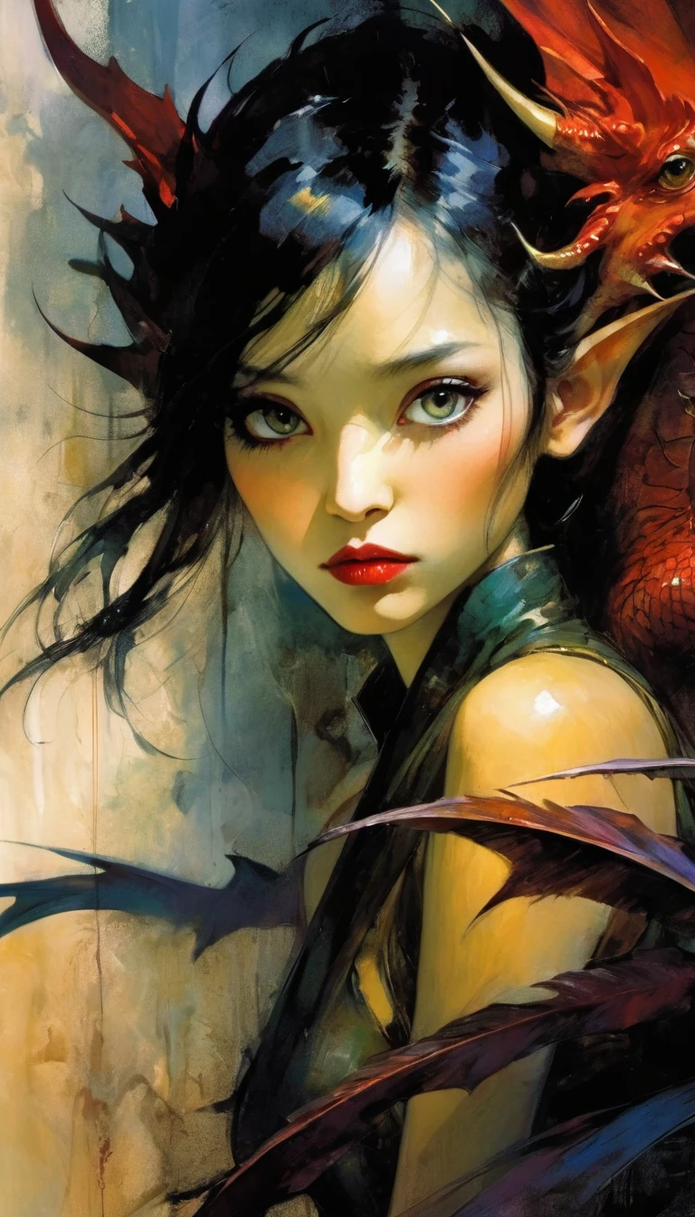 chinese fairy, red iris dragon, girl and dragon, simple oil painting, Bill Sienkiewicz style, beautiful detailed eyes, beautiful detailed lips, extremely detailed eyes and face, oil painting, chiaroscuro, sensual, dramatic lighting, moody atmosphere, photorealistic, intricate details, masterpiece, ultra-detailed, high quality, 8k, best quality, realistic, cinematic, dark and brooding, expressionistic, powerful composition, emotional impact, art inspired by Bill Sienkiewicz