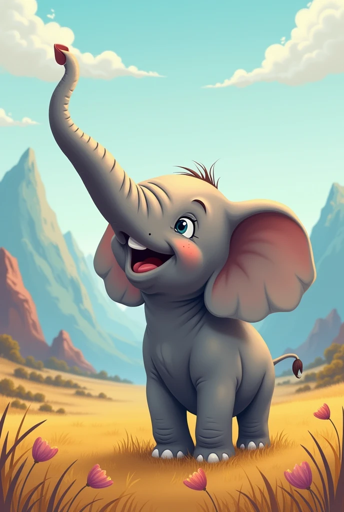 create an illustration of a baby elephant with its trunk raised and a happy expression and sounding an echo. the image is close and focused on the young elephant's head. he is in the valley of echo where there are mountains that return the echo of his sound