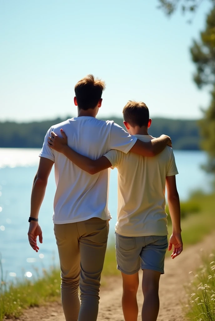 A realistic photograph of a 40-year-old father and his 25-year-old son walking away together on a sunny day. Both are dressed in casual summer attire—t-shirts and pants. The father has his arm around his son's shoulder, reflecting their close bond. They are walking alongside a serene lake, with sunlight glistening on the water's surface and a clear blue sky overhead, capturing a warm and peaceful moment between them.