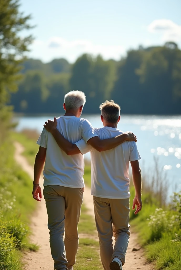 A realistic photograph of a 40-year-old father and his 25-year-old son walking away together on a sunny day. Both are dressed in casual summer attire—t-shirts and pants. The father has his arm around his son's shoulder, reflecting their close bond. They are walking alongside a serene lake, with sunlight glistening on the water's surface and a clear blue sky overhead, capturing a warm and peaceful moment between them.