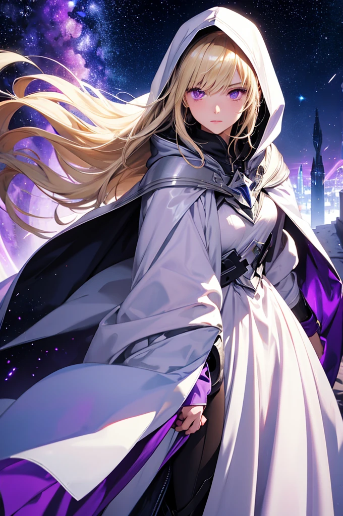hooded silver cloak, female character, blonde hair, purple eyes, fantastic galactic world, gas aura, galactic atmosphere, radiance and shine of stars, luminescence, fairy-tale atmosphere, surrealism, abstraction, masterpiece, best quality