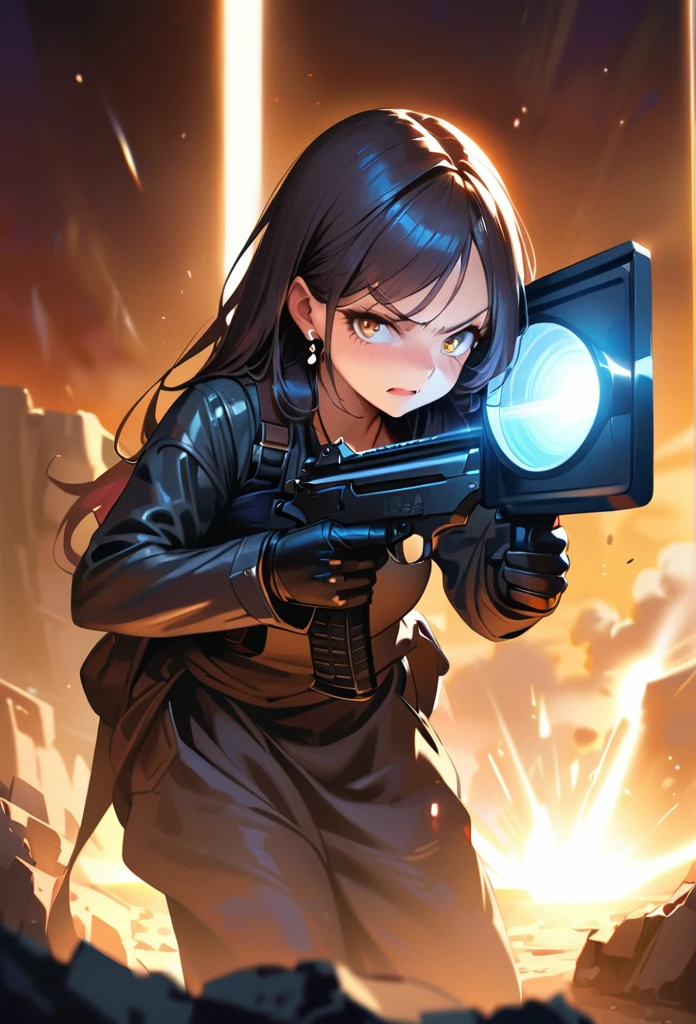 masterpiece, Highest quality, (((Ruined battlefield)))、(((Angry Face)))、Raising awareness, Desert Eagle, プラチナEarrings, Platinum Necklace, Black combat suit,Ready your weapon, One Girl, cute, (Dynamic Lighting:1.2), Cinema Lighting, Delicate facial features, Detailed eyes, Sharp pupils, Realistic student, Written boundary depth, ボケ Written boundary depth, Sharp focus, (Very detailed, bloom, Shine:1.4), Lots of little gems, (((long_hair))), Twin tails、Earrings、分けた前hair、銀hair、whole body、Ultra close-up footage、The top is transparent up to the chest.、See-through design。The bottoms are a very short navy blue pleated skirt.、Fits snugly around the waist。The background is simple white.、this、The text is easier to see.。The light source is a soft light from the front....、The overall atmosphere is bright and clean....。