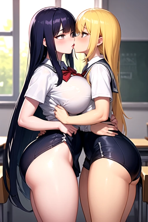 Lesbian (very long loose yellow hair)(big breasts, big thighs)(with school uniform clothes it is very tight) that he is kissing at school with his girlfriend,(big breasts, big thighs)lesbian love