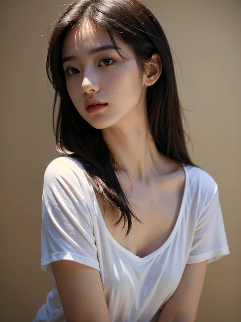 Highest quality、masterpiece、Ultra-high resolution、(Realism:1.4)、1 girl、In a pale background、Deep Shadow、Low Key、Shortcuts、Upper Body、sex appeal、Wearing a T-shirt、Clothes are not see-through、Cosmetic CM