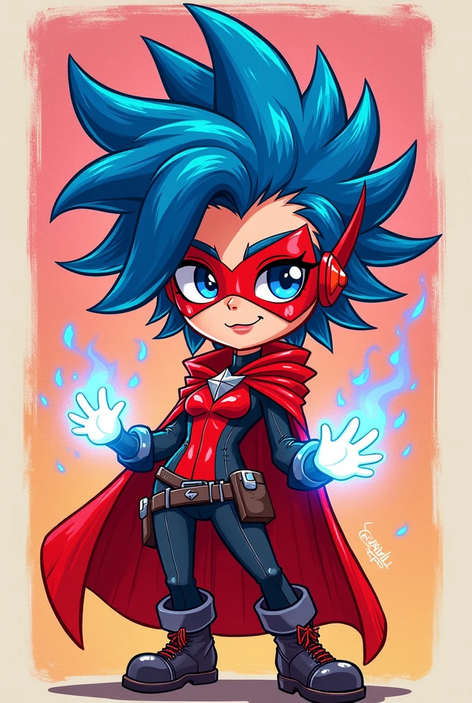 Create an image of Janet from *Brawl Stars* as Scarlet Witch, designed in a 2D, hand-drawn style that looks like it was illustrated by a child. Janet should have her signature punk rock look, with vibrant, spiky blue hair, goggles resting on her head, and her typical casual yet rebellious outfit. However, she should be dressed as Scarlet Witch, wearing a bright red headpiece and a flowing red cape, with her hands glowing as if she's casting a spell. The overall aesthetic should be simple, colorful, and playful, with bold lines and a slightly rough, sketch-like appearance, as if it was drawn with crayons or markers.