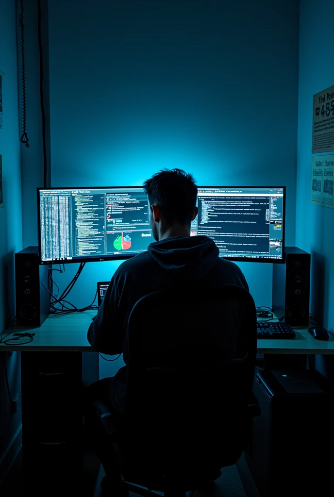 A hacker man using 3 monitor set up computer from upper backside of the room 