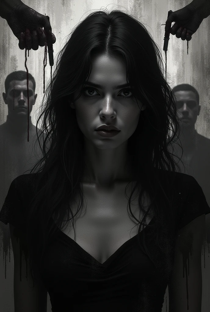 an image of a trapped woman , black and white with various crime scenes