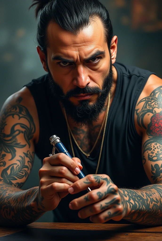 Young man with tattoos on his arm and smoking tobacco with a lot of smoke 