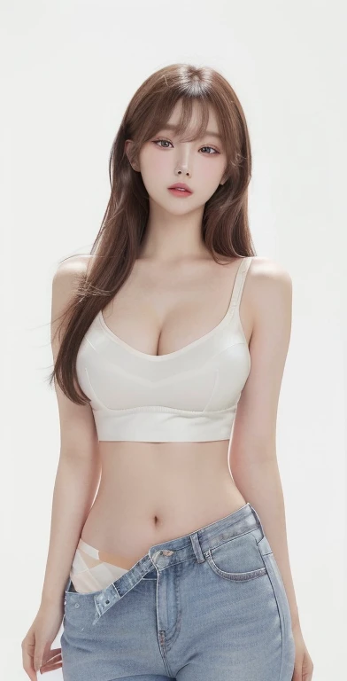 A drawing of a woman with a white blouse and grey pants and blue eyes., attractive face and body, Looking like Annie Leonhart, flat chest, Open V chest clothing, perfectly shaded body, thin girl photo, Perfect and proportional body, wearing crop top, wearing a tank top, Beautiful upper body, Pin on anime, wearing bra, hot anime girl jisoo from blackpink, popular south korean makeup, quality detailed ,(beautiful makeup :1.2), wide hips, Big, Big ass, (best quality, 8k, masterpiece: 1.3), clear focus: 1.2, Perfect body beauty: 1.4, strong abs, Very detailed face and skin texture. , detailed eyes, double eyelids, (long hair), Having very marked curves, with greater volume in ((hips and breasts)), which makes the waist look much smaller ((wasp waist)).(masterpiece, top quality, Best Quality, official art, depth of field, Beauty: 1.2), pinnacle rendering, Realistic representation, (1 girl), extreme detail, showy, supreme detail, official art, 8k unified wallpaper