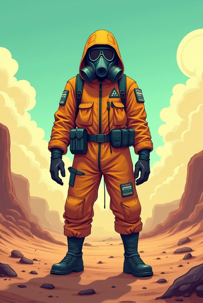 Man with a gas mask in a post-apocalyptic desert anti-radiation suit cartoon style image