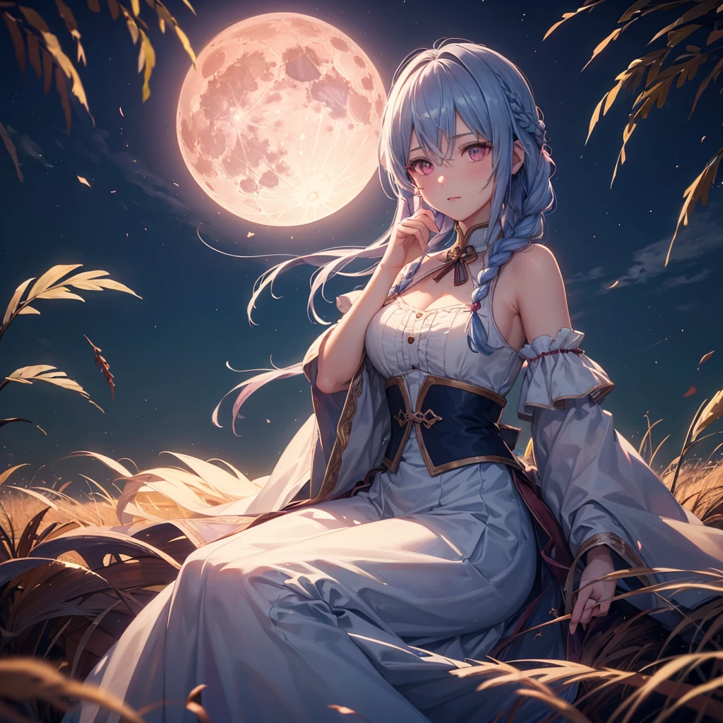 (Braiding),(Sky blue medium hair), (Pink eyes),(Fair skin) ,(whole body),(One Girl),(harvest moon),(A large amount of Miscanthus sinensis in the background),autumn,(full moon),(masterpiece, Highest quality, Very detailed, Best Shadow), (Detailed Background), (Beautifully detailed face), High Contrast, (Best lighting, Very delicate and beautiful), ((Cinematic Light)), Hyper Detail,8k, Dramatic Light, Intricate details