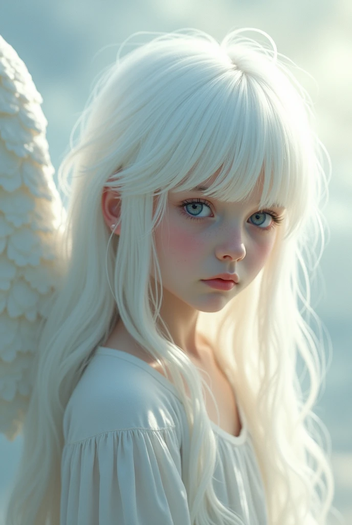 Albino boy with long hair who looks like an angel 
