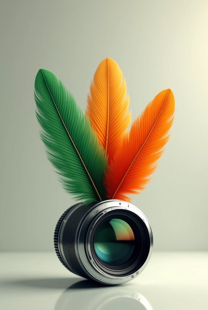 Camera lens logo with 3 feathers 2 green and one orange like the jirajaras 