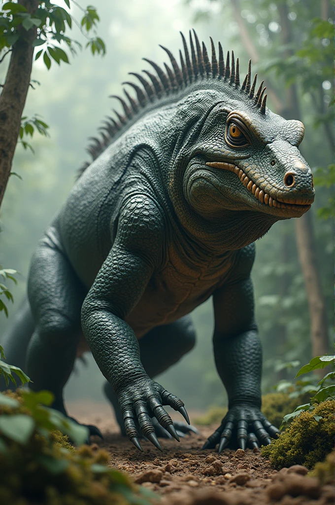 (Ultra-realistic,highest quality,4K,8k,High resolution,masterpiece:1.2),Super detailed,Realistic,photoRealistic:1.37,They mainly live in the Amazon rainforest and the South African savannah.。The body length is about 7 meters、Weight: about 500 kilograms。Its appearance is that of a giant lizard covered in scales.、It has sharp spines on its back。Its diet consists of preying on small mammals.、Sometimes they attack larger animals.。If you see one, never approach、Leave the area immediately.、It is recommended to contact a specialist agency。It contains powerful toxins、One bite can cause paralysis、It can become life-threatening in a short period of time。Also、They are nocturnal and are said to often hide in the shade of rocks or in bushes during the day.。Recent、Poachers are a problem、There are concerns about its impact on the ecosystem.。