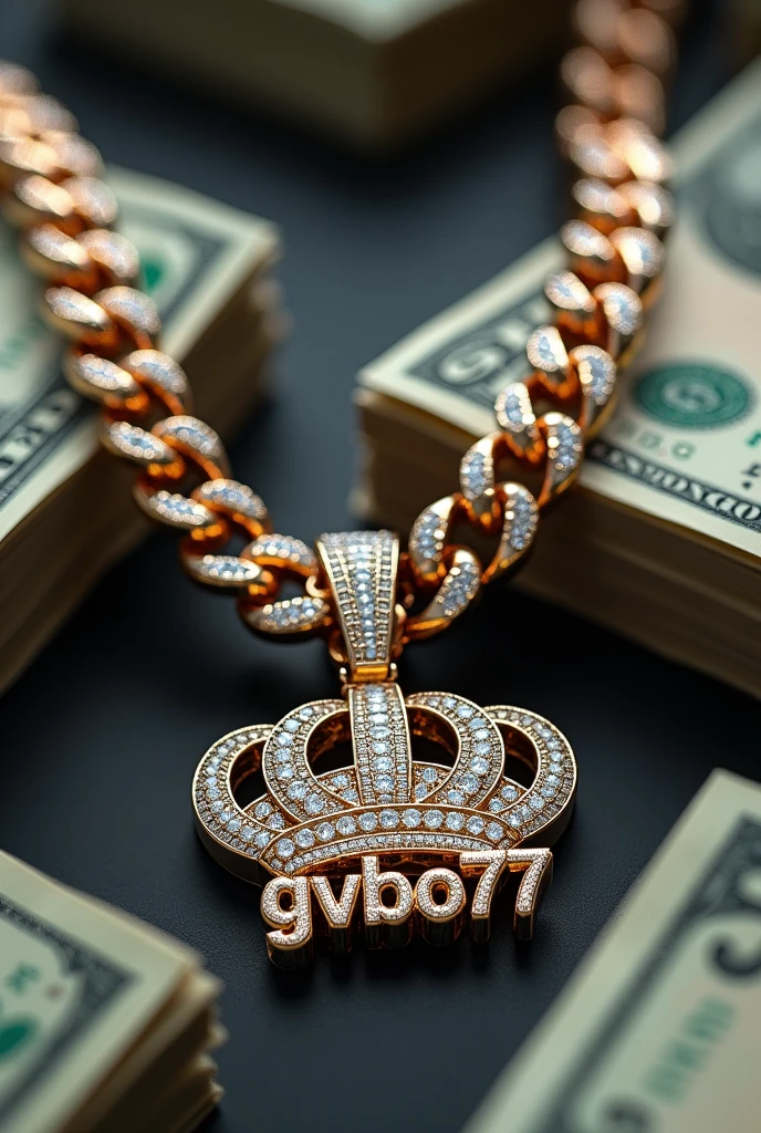 I want a Cuban chain with diamonds that has gvbo77 and a pendant crown with a background of bills