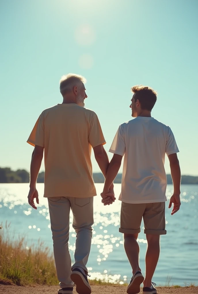 A realistic photograph of a 40-year-old father and his 25-year-old son walking side by side on a sunny day. Both are dressed in casual summer attire—t-shirts and pants. They are walking along a peaceful lakeside, with the sunlight sparkling on the water and a clear blue sky overhead, capturing a warm, serene moment between them as they enjoy each other's company.