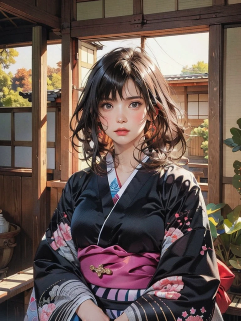 (highest quality、8k、32k、masterpiece)、(masterpiece, up to date,Exceptional:1.2), Anime, One girl,Front hair,black_hair, Beautiful 8k eyes,Looking_in_Audience,One person in,Are standing,((Very beautiful woman, Fuller lips, Japanese pintern kimono))、((Colorful Japanese kimono)))、(((Medium Shot)))、Blunt bung、(High resolution)、Very beautiful face and eyes、1 girl 、Round and small face、Narrow waist、delicine body、(highest quality high detail Rich skin details)、(highest quality、8k、Oil paints:1.2)、Very detailed、(Realistic、Realistic:1.37)、Bright colors、(((blackhair)))、(((longhair)))、(((cowboy pictures)))、((( Inside an old Japanese house)))、(masterpiece, highest quality, highest quality, Official Art, beautifully、aesthetic:1.2), (One girl), Very detailedな,(Fractal Art:1.3),colorful,Most detailed,Sengoku period(High resolution)、Very beautiful face and eyes、1 girl 、Round and small face、Tight waist、Delicine body、(highest quality high detail Rich skin details)、(highest quality、8k、Oil paints:1.2)、(Realistic、Realistic:1.37)、Greg Rutkowski Written by Alphonse Mucha Ropp, sun lips