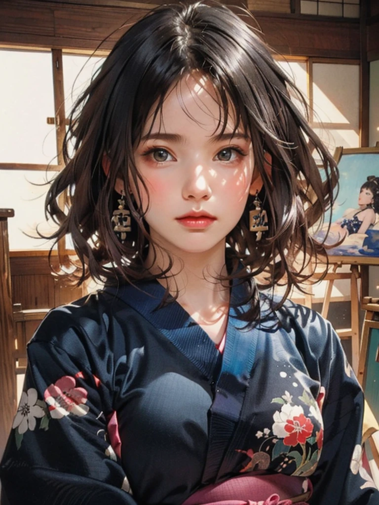 (highest quality、8k、32k、masterpiece)、(masterpiece, up to date,Exceptional:1.2), Anime, One girl,Front hair,black_hair, Beautiful 8k eyes,Looking_in_Audience,One person in,Are standing,((Very beautiful woman, Fuller lips, Japanese pintern kimono))、((Colorful Japanese kimono)))、(((Medium Shot)))、Blunt bung、(High resolution)、Very beautiful face and eyes、1 girl 、Round and small face、Narrow waist、delicine body、(highest quality high detail Rich skin details)、(highest quality、8k、Oil paints:1.2)、Very detailed、(Realistic、Realistic:1.37)、Bright colors、(((blackhair)))、(((longhair)))、(((cowboy pictures)))、((( Inside an old Japanese house)))、(masterpiece, highest quality, highest quality, Official Art, beautifully、aesthetic:1.2), (One girl), Very detailedな,(Fractal Art:1.3),colorful,Most detailed,Sengoku period(High resolution)、Very beautiful face and eyes、1 girl 、Round and small face、Tight waist、Delicine body、(highest quality high detail Rich skin details)、(highest quality、8k、Oil paints:1.2)、(Realistic、Realistic:1.37)、Greg Rutkowski Written by Alphonse Mucha Ropp, sun lips