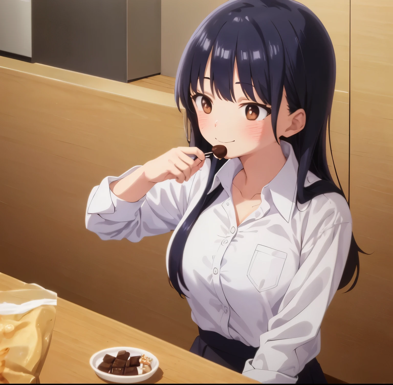 1girl, alone, Anna Yamada,(masterpiece:1.2),best quality,, skirt, shirt, breasts, long hair, looking at viewer, white shirt, white background, smile, mole, collared shirt, large breasts, simple background, chocolate, food, blush, black hair, black skirt, bag, pleated skirt, food on face, closed mouth, bangs, , holding, brown eyes, shirt tucked in, long sleeves, mole on neck, eating, holding food, shoulder bag, collarbone, dress shirt, cowboy shot, candy, perfect hands, perfect anatomy 