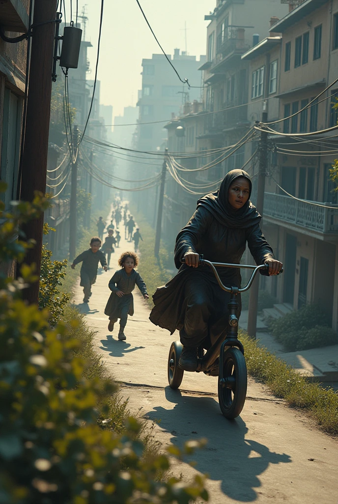 There are children running down the hill at a high rate of speed.
There is a dangerous place at the bottom of the hill.
The children run toward the bottom of the hill.
A beautiful bronze mother chases after them on a child's tricycle.
The mother's face is filled with despair.
The setting is an urban area.