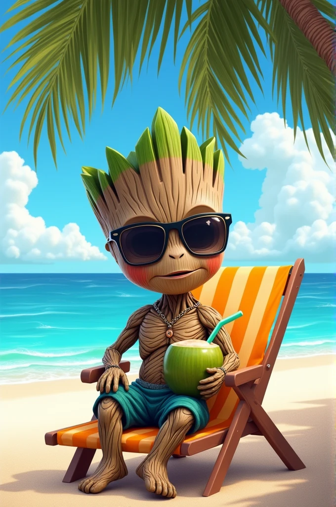 baby Groot wearing beachwear and sunglasses sitting on a beach chair, holding a coconut water with the sea in the background and under a coconut tree line art
