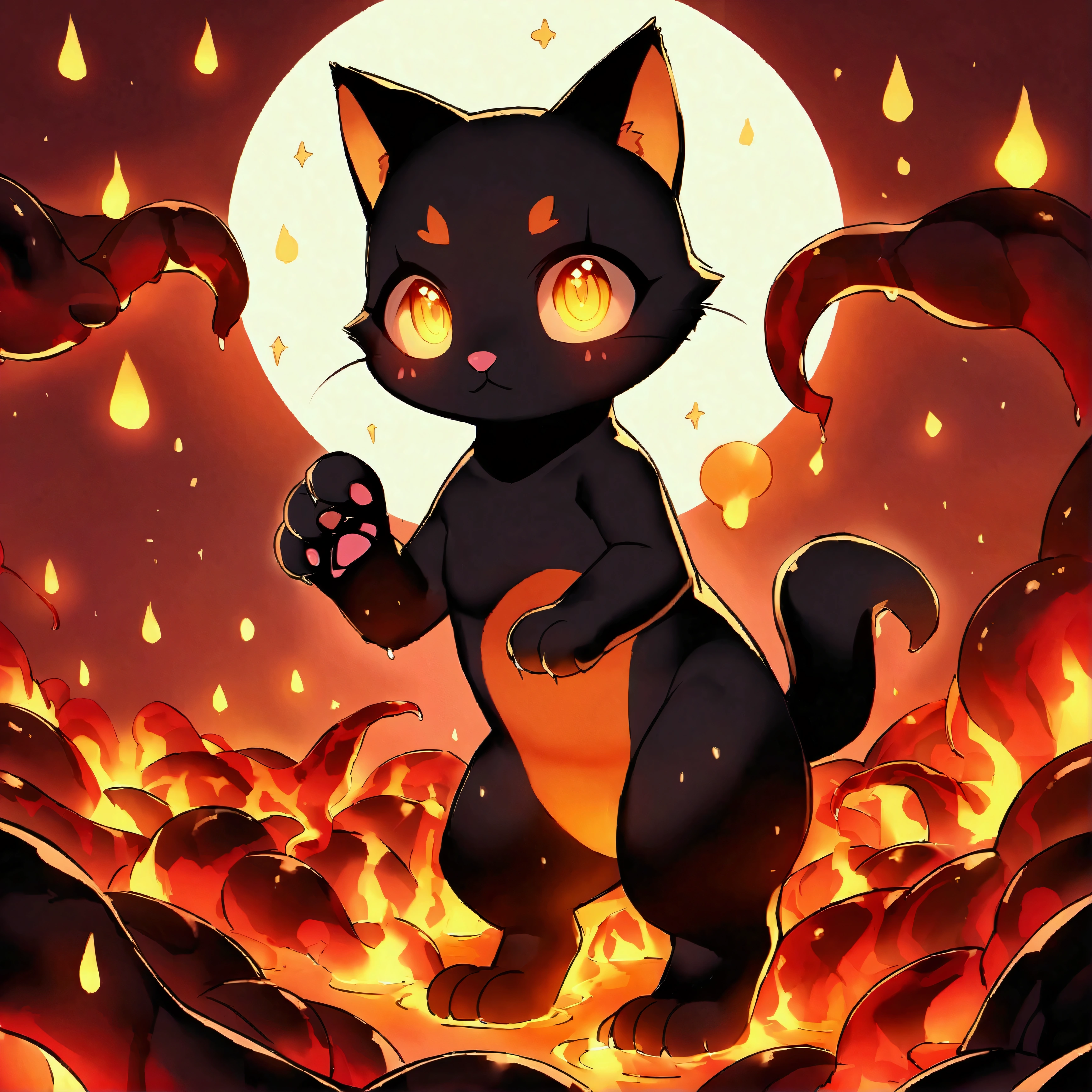 「Adorable kitten made from molten lava and swirling hot magma。Its fur is a mesmerizing dance of burning tentacles and glowing embers.。The kitten's eyes shine like bright coals、His little nose twitches with excitement as he plays with the sparks.。The lava fur ripples and flows like liquid.、Tiny shimmering waves of thermal distortion rise from its surface.。The kitten's paws leave behind glowing, melted tracks every time it moves.、Its little cries seem to be made of crackling flames.。style: Lively and、Dynamic and、Very detailed、The focus is on capturing the playful and mischievous nature of kittens amidst the burning, molten chaos of their bodies.。」
