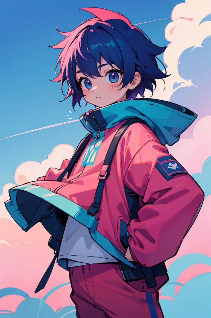a male child, where she is dressed in adventure clothes, and your hair has the following blue colors, red and pink