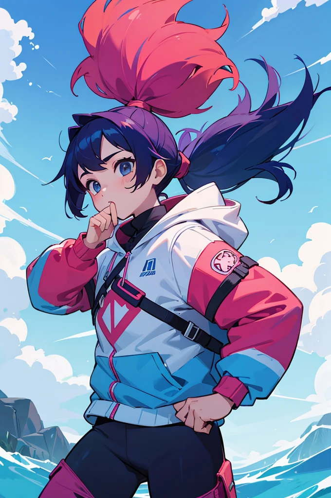 a male , where she is dressed in adventure clothes, and your hair has the following blue colors, red and pink