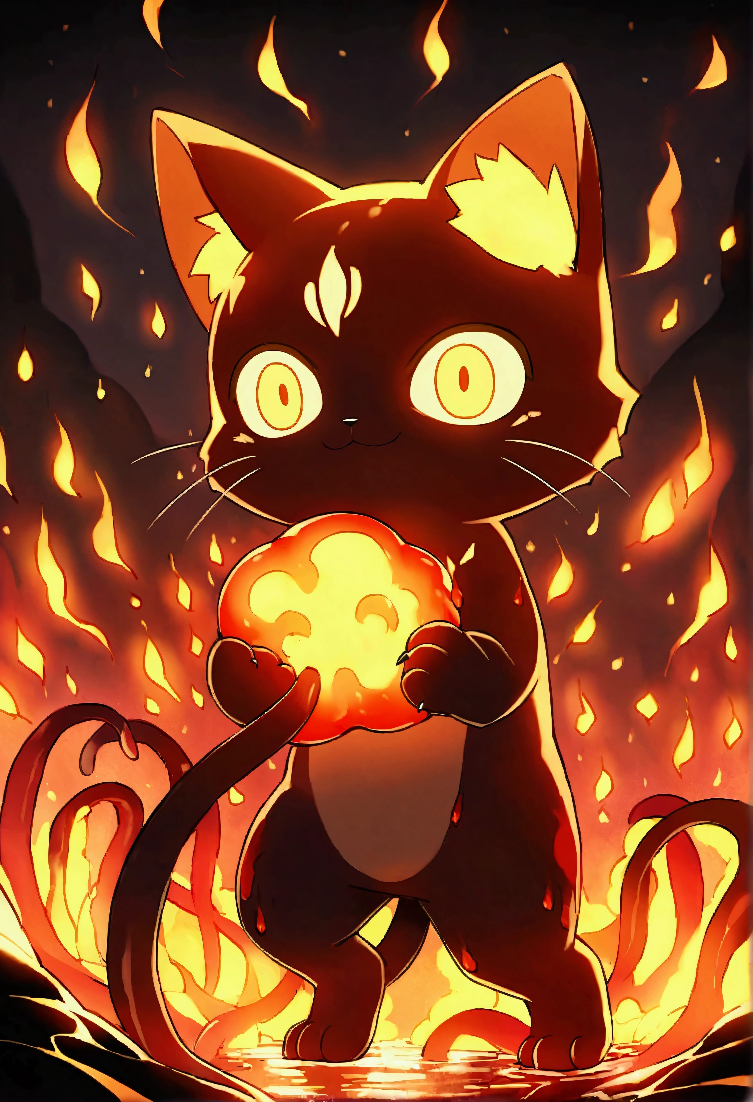 「Adorable kitten made from molten lava and swirling hot magma。Its fur is a mesmerizing dance of burning tentacles and glowing embers.。The kitten's eyes shine like bright coals、His little nose twitches with excitement as he plays with the sparks.。The lava fur ripples and flows like liquid.、Tiny shimmering waves of thermal distortion rise from its surface.。The kitten's paws leave behind glowing, melted tracks every time it moves.、Its little cries seem to be made of crackling flames.。style: Lively and、Dynamic and、Very detailed、The focus is on capturing the playful and mischievous nature of kittens amidst the burning, molten chaos of their bodies.。」